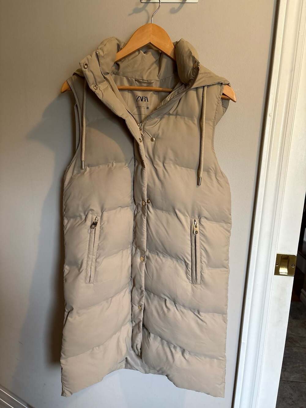 Zara Long Puffer Vest Hooded Sleeveless Beige XS